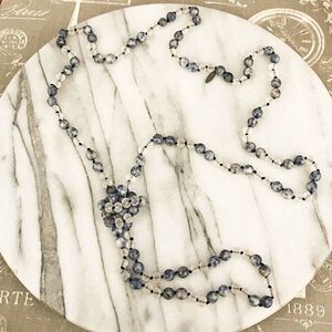 Natasha Couture‎ Satin Glass Beaded Necklace Blue and Frosted Clear Round Beads